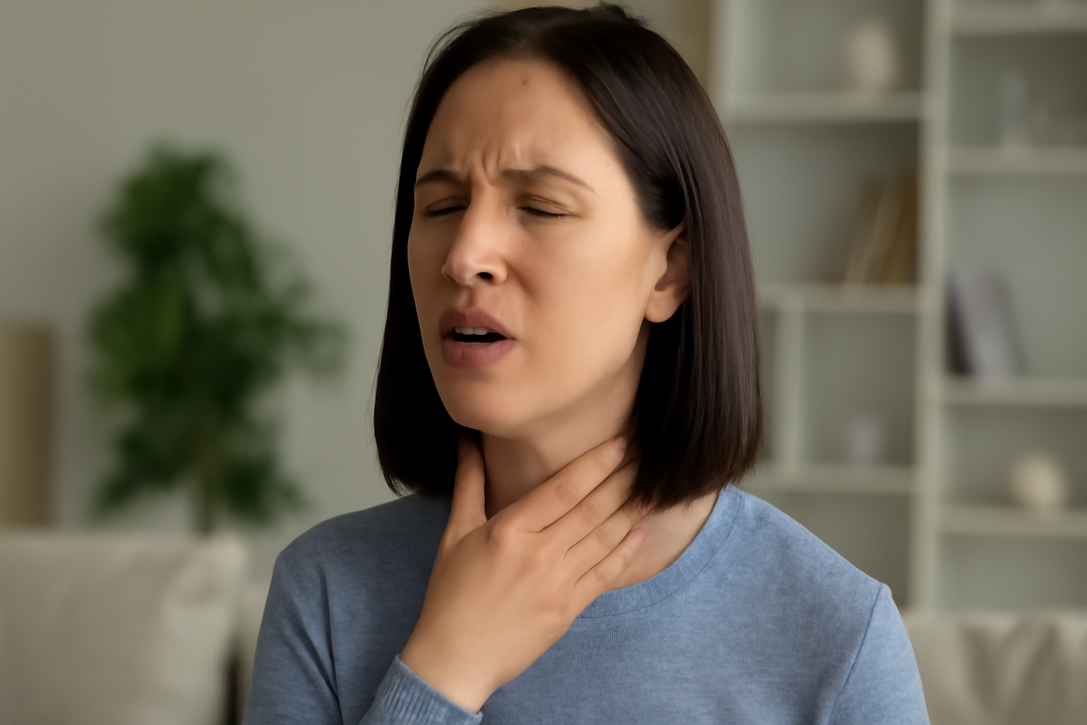 Kvinne i 30-årene ser ut til å ha ubehag i halsen og holder hånden mot halsen i et nøytralt rom.