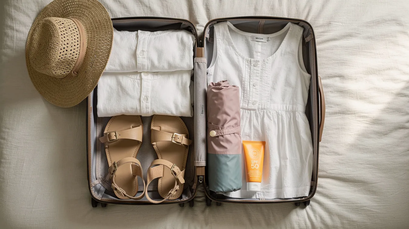An open suitcase rests on a bed, showcasing neatly folded white cotton dresses alongside sandals, a straw hat, sunscreen, and a compact rain jacket, perfect for a trip to Costa Rica during the rainy season. This packing list emphasizes light clothing and sun protection essentials for outdoor activities in warm temperatures and lush rainforests.