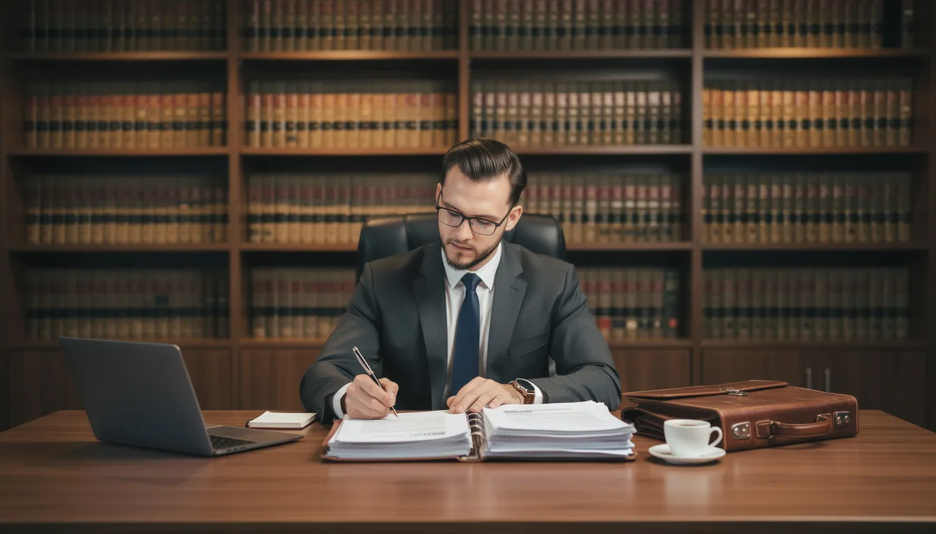 An attorney is seated at a desk, meticulously reviewing legal documents, with a collection of law books prominently displayed in the background. This scene emphasizes the importance of legal expertise and thoroughness in the legal industry, which can enhance a law firm's website visibility and search engine rankings.