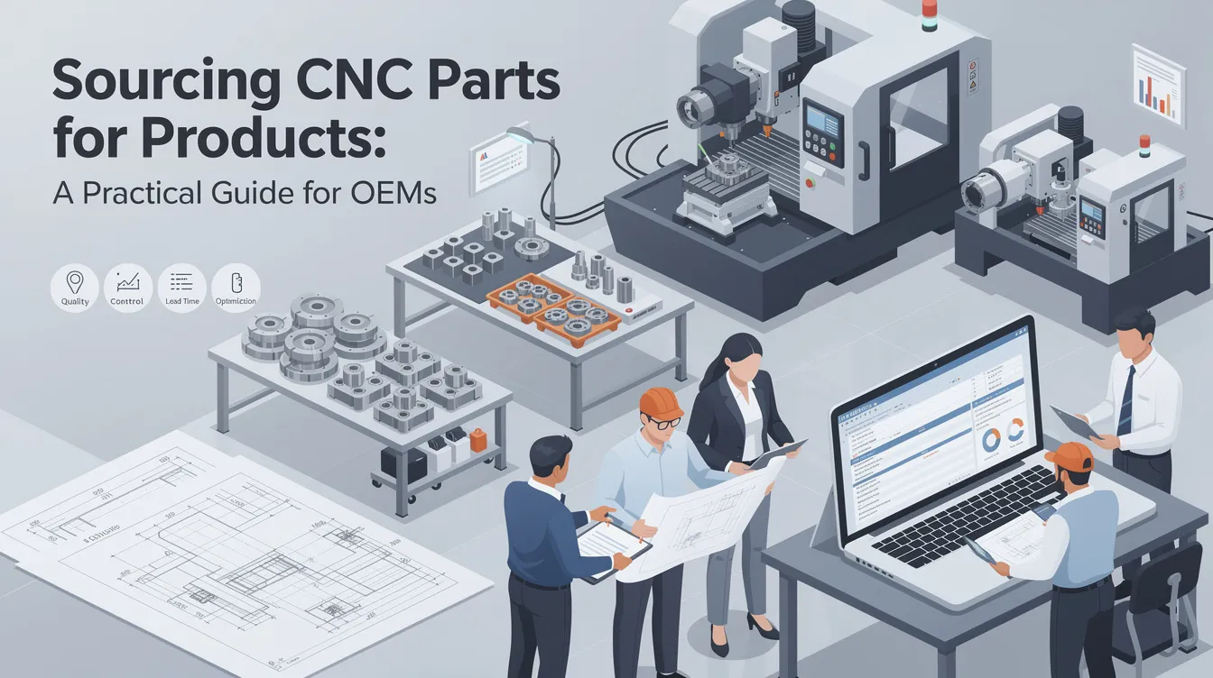 The image depicts a detailed guide titled "Sourcing CNC Parts for Products," aimed at OEMs, highlighting essential aspects of the procurement process, including quality control and supplier management. It emphasizes the importance of consistent quality and cost savings in manufacturing processes, particularly for specialized components in industries like automotive and medical devices.