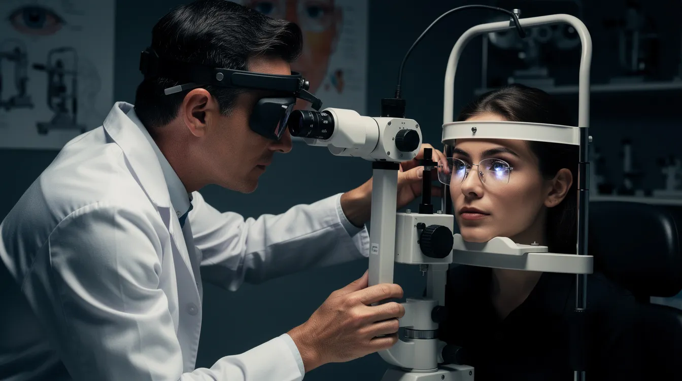 Een oogarts voert een optometrisch onderzoek uit met speciale apparatuur in een donker verlichte praktijk, terwijl hij de ogen van een patiënt controleert. Dit onderzoek kan helpen bij het bepalen van de juiste sterkte voor een nieuwe bril of het advies geven over het dragen van contactlenzen.