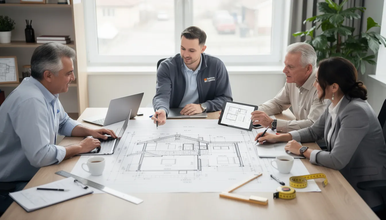 A professional meeting is taking place between builders and clients as they review detailed house plans at a desk. The discussion likely includes important topics such as building costs, material prices, and the overall budget for constructing the clients' dream home.