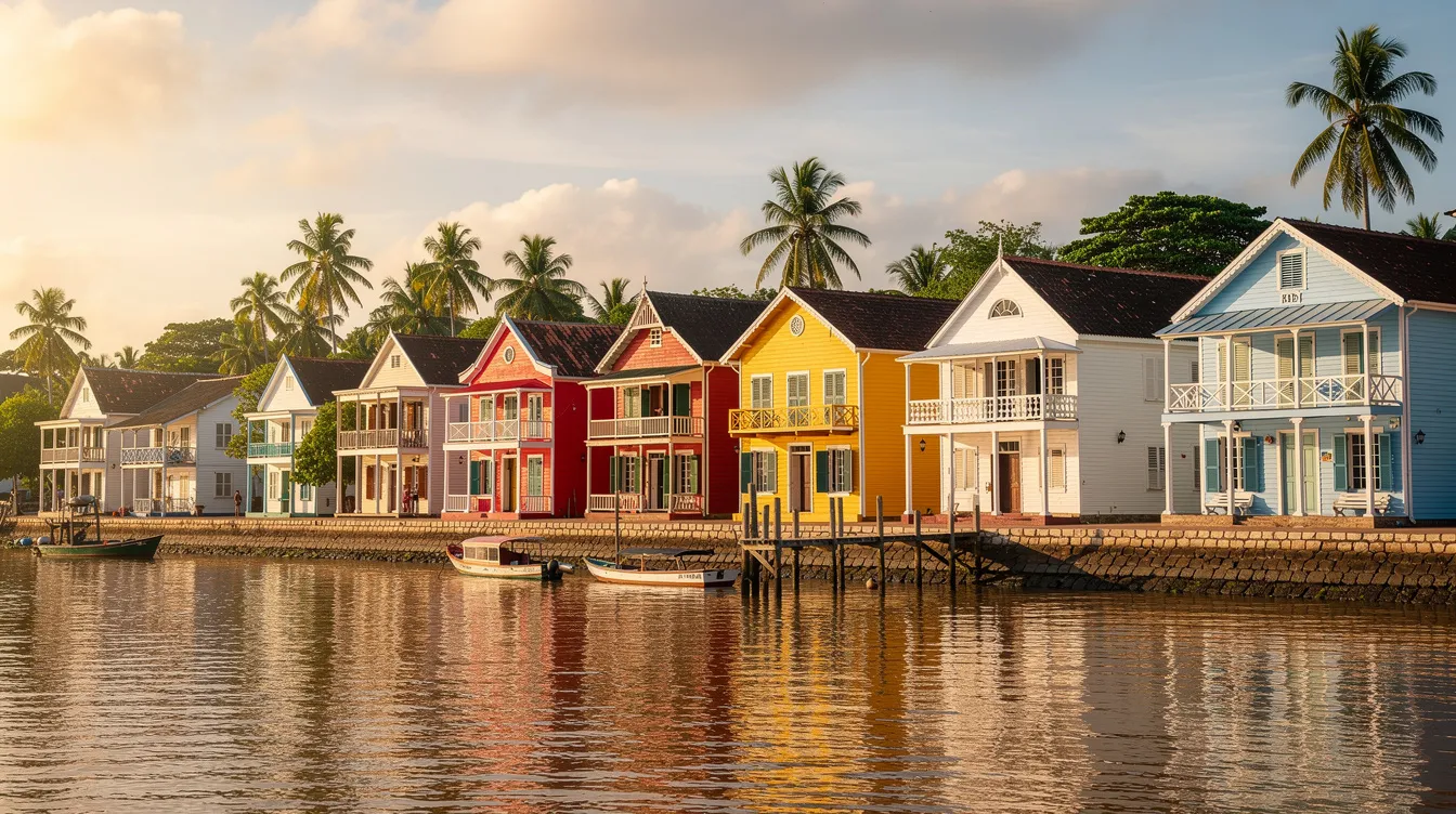 The image depicts a vibrant scene of colorful colonial buildings lining the waterfront in Paramaribo, Suriname, with a serene river flowing in the foreground. This picturesque view highlights the unique architectural beauty of the area, reflecting the rich cultural heritage of the country.