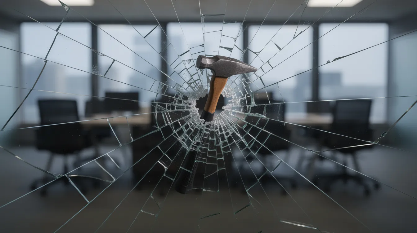 The image depicts a security window film being applied to glass windows, showcasing its ability to hold shattered glass in place and enhance protection against forced entry and ballistic attacks. This ballistic glass film is designed to delay intruders, providing an additional layer of security for buildings such as schools and commercial spaces.