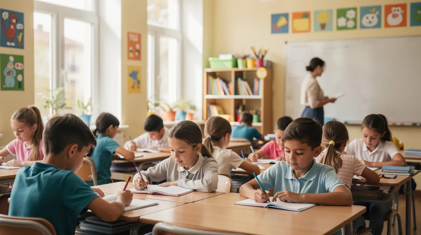 Na zdjęciu widać grupę dzieci w wieku szkolnym, siedzących w jasnej klasie szkoły podstawowej podczas lekcji. Uczniowie uczą się r&oacute;żnych przedmiot&oacute;w, takich jak język polski, matematyka czy wychowanie fizyczne, a atmosfera jest pełna zaangażowania i radości z nauki.