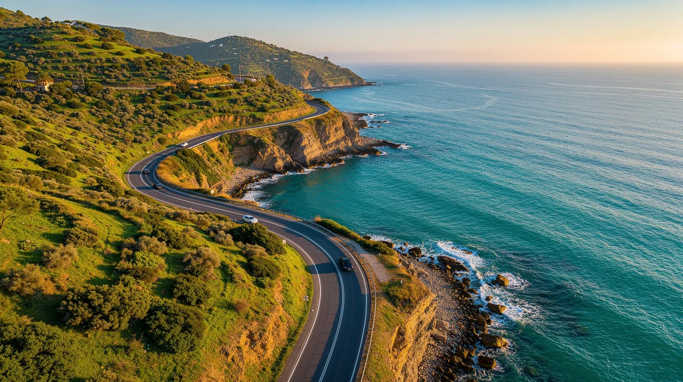 Una strada costiera tortuosa lungo il Mediterraneo con colline verdi.
