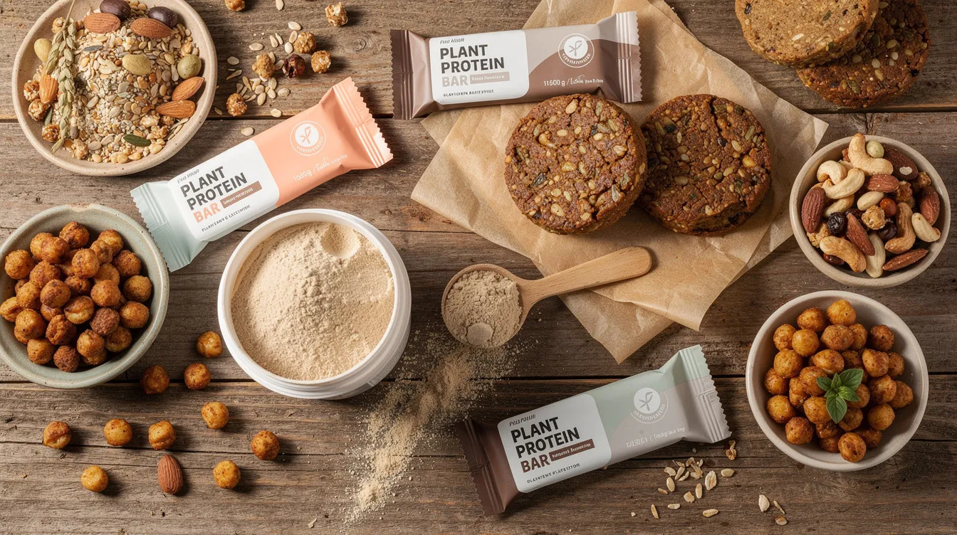 The image showcases a variety of plant-based protein food products, including protein powder, energy bars, plant-based burger patties, and protein-enriched snacks, all beautifully arranged on a wooden surface. These items highlight the rising demand for plant-based proteins, reflecting a shift towards sustainable food production and healthier dietary patterns.