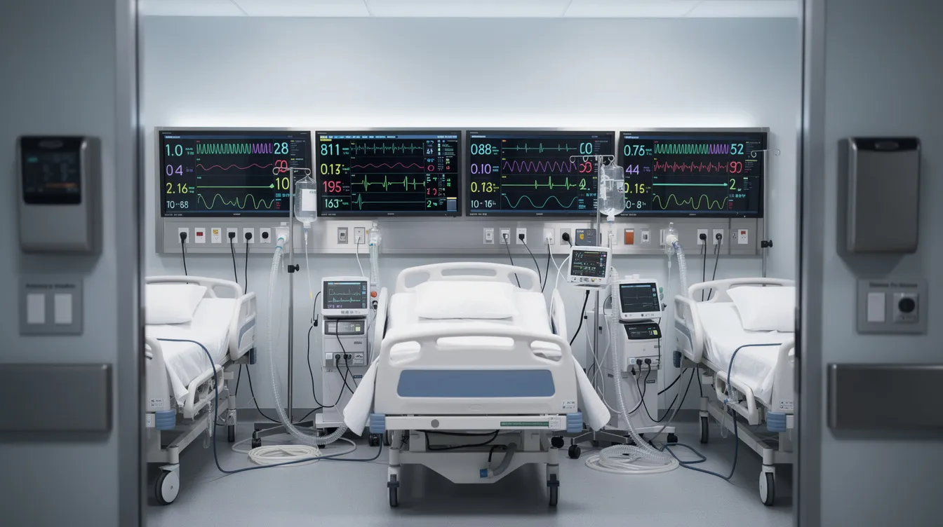 3ce2a65f 5e93 4887 ab2c 5db72d8bc0ed The image depicts a modern ICU setting filled with advanced medical monitoring equipment and ventilators, essential for patient care. Various hospital equipment, including pulse oximeters, anesthesia machines, and hospital beds, are prominently arranged, highlighting the importance of comprehensive medical equipment in treating critical patients.