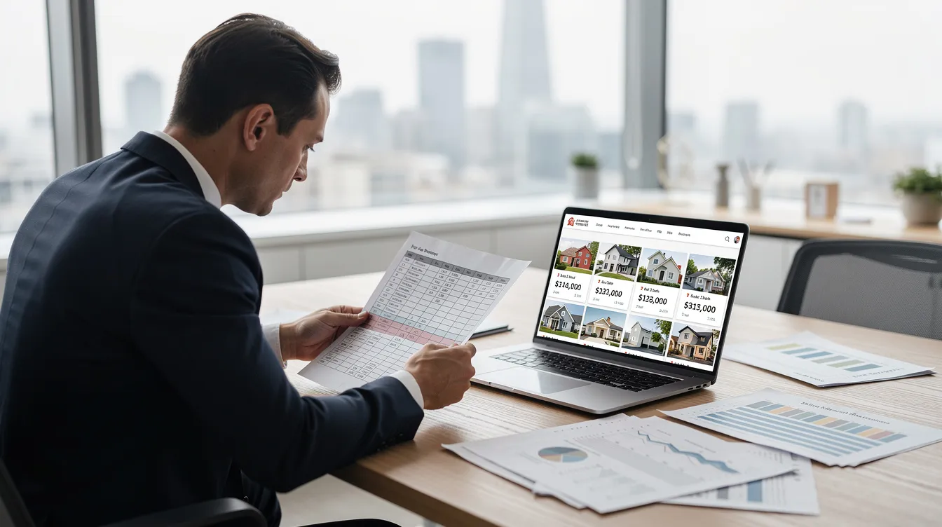 An investor is seated at a desk, focused on reviewing financial documents while a laptop displays various property listings. The scene suggests a careful analysis of home equity loan options and potential investments, highlighting the importance of understanding interest rates and monthly payments.