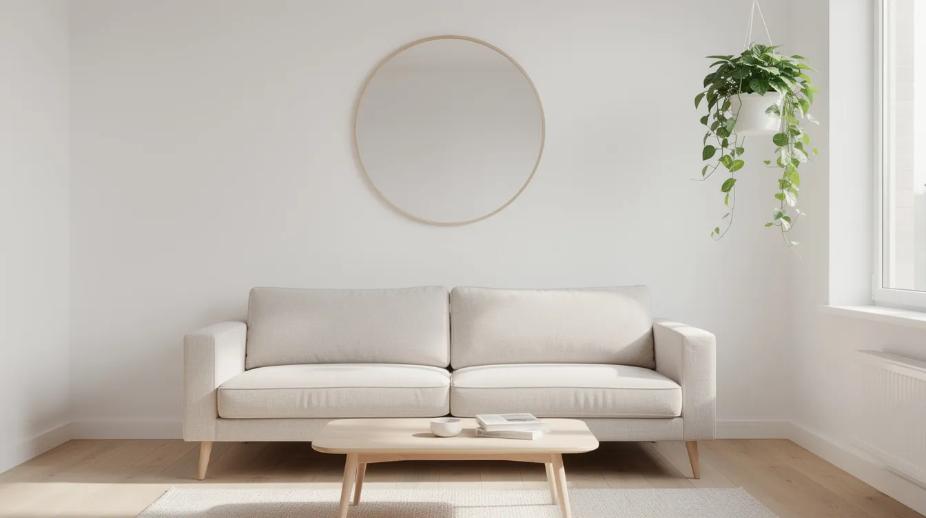 Das Bild zeigt ein kleines, helles Wohnzimmer mit einem bequemen, hellen Sofa und einem runden Spiegel an der Wand. Vor dem Fenster hängt eine dekorative Pflanze, die dem Raum eine frische Atmosphäre verleiht und tolle Inspiration für Wohnzimmer Deko Ideen bietet.