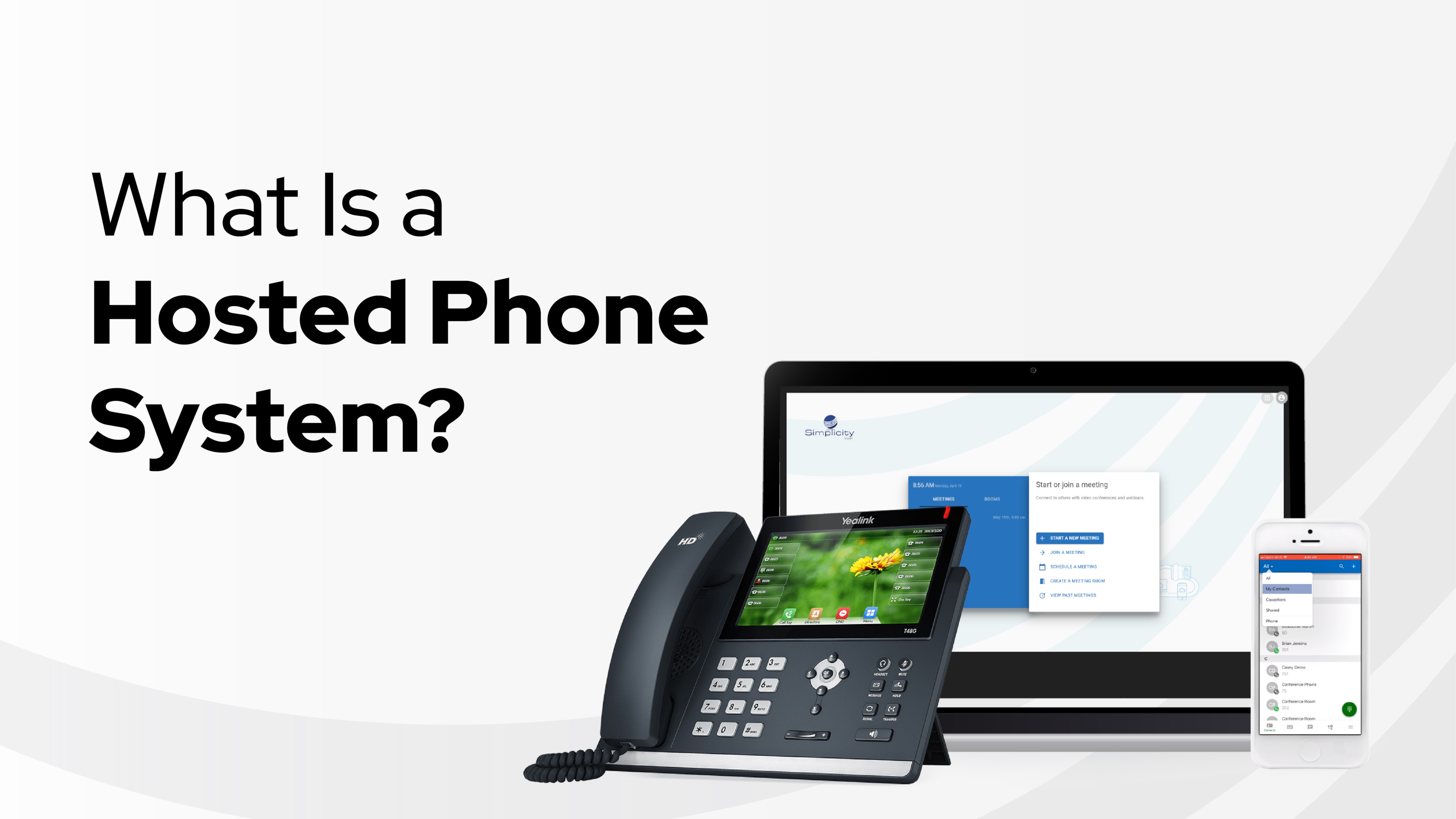 An image of a VoIP PBX system on a desktop and mobile app next to an on premises PBX system.