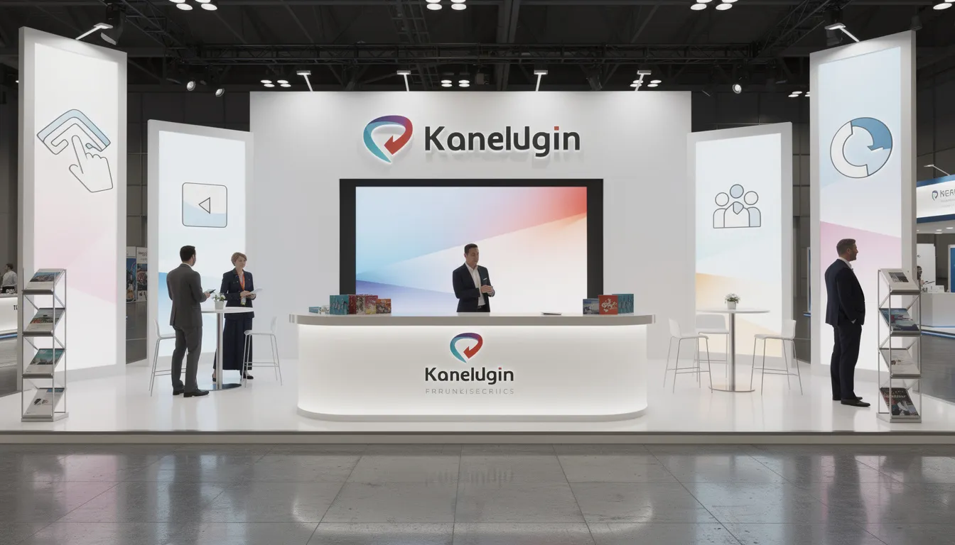 The image showcases a corporate event exhibition display featuring a custom trade show booth designed with branded elements, creating a strong visual impact. This trade show exhibit reflects the expertise of booth builders, emphasizing a lasting impression on attendees at the trade show floor.