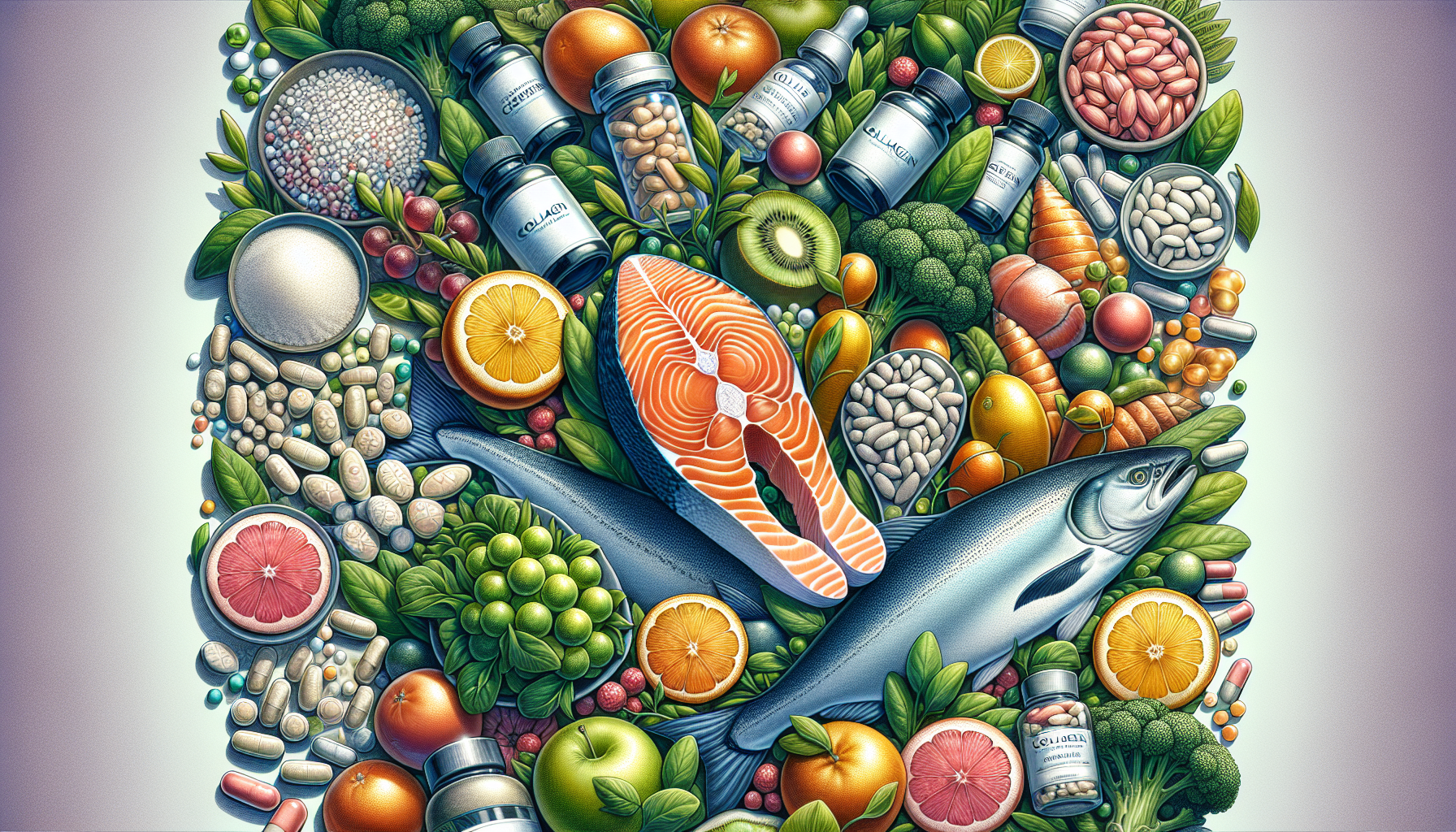 Illustration of collagen-rich foods and collagen supplements