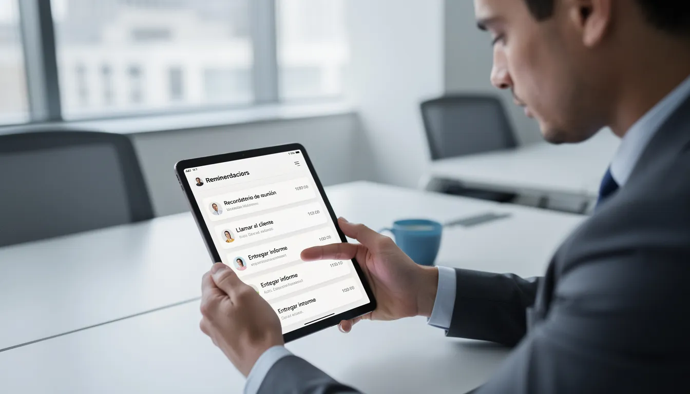 Un profesional está revisando múltiples notificaciones de recordatorios en una tablet, utilizando una aplicación que integra inteligencia artificial para gestionar tareas y citas en su calendario. La pantalla muestra varias alertas de eventos y recordatorios inteligentes, lo que ayuda al usuario a organizar su agenda de manera eficiente.