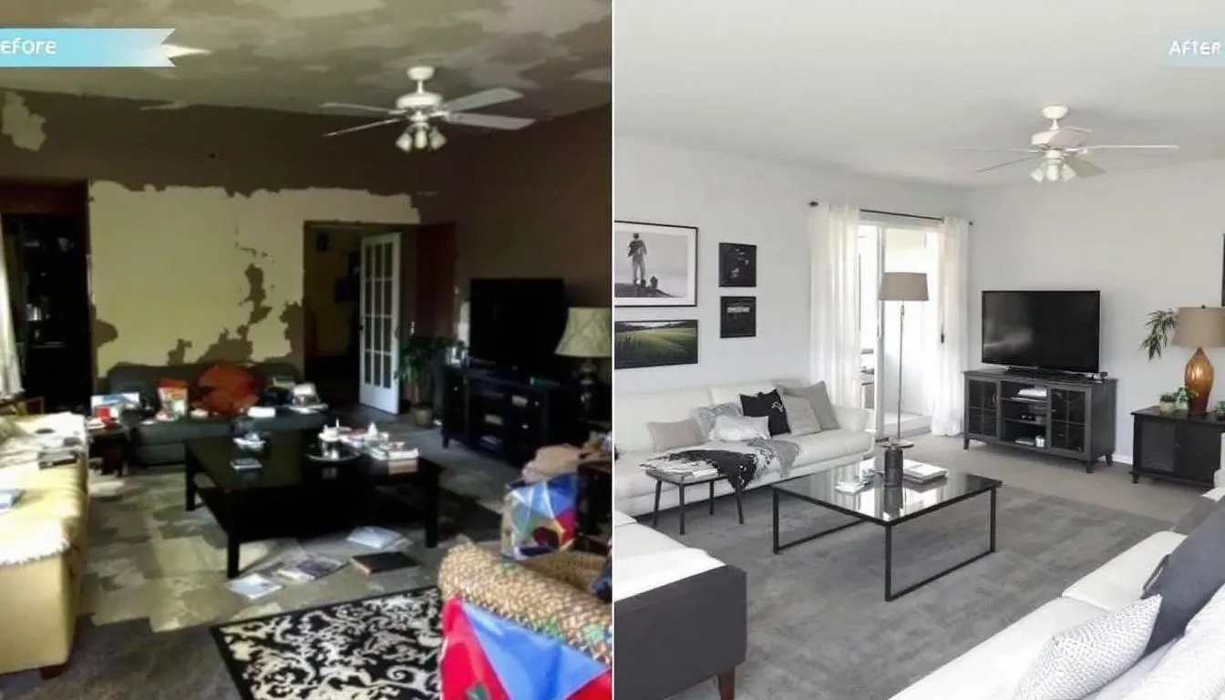 The image shows a side-by-side comparison of a living space before and after professional restoration, highlighting the transformation from a messy, trauma-affected environment to a clean and welcoming home. This restoration process, often part of death cleanup services, emphasizes the importance of safety and respect for families dealing with grief and loss.