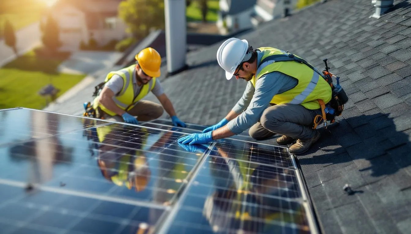 Des techniciens installent des panneaux solaires sur le toit d'une maison, mettant en avant l'importance de l'énergie solaire dans la région du Bas Saint Laurent. Cette installation fait partie d'un projet visant à promouvoir les énergies renouvelables et l'autonomie énergétique.