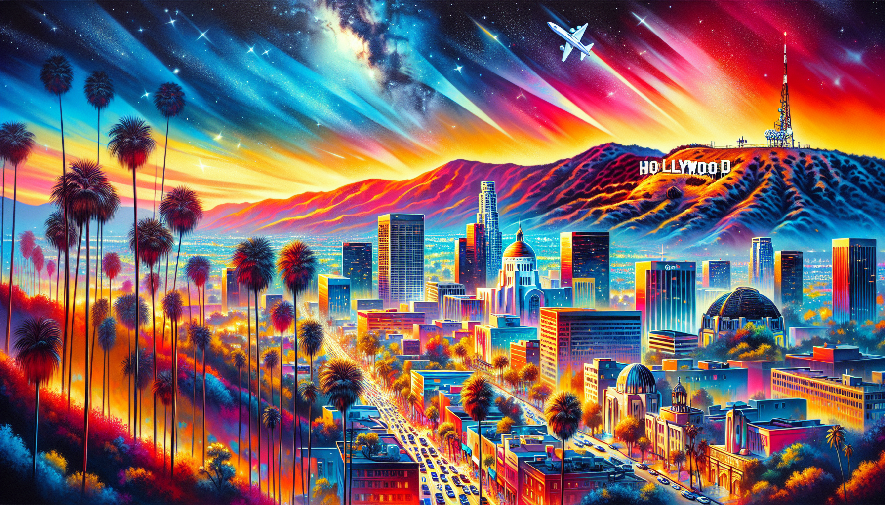 A vibrant illustration of iconic landmarks in Los Angeles, including the Hollywood Sign and Griffith Park Observatory, showcasing the beauty of the city.