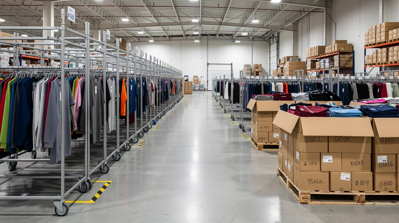 Das Bild zeigt ein geräumiges Lagerhaus mit ordentlich geordneten Kleiderständern und gestapelten Versandkartons, das ein gut verwaltetes Inventar für ein Dropshipping-Geschäft darstellt. Diese Umgebung ist ideal für Boutique-Besitzer und Online-Modegeschäfte, die Wert auf eine effiziente Auftragsabwicklung und Qualitätssicherung bei Kleidung und Accessoires legen.
