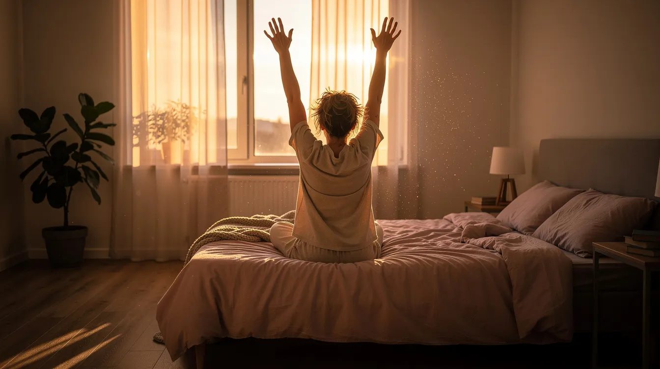 The image shows a person stretching awake in a bedroom as the warm sunlight of sunrise streams through the window, symbolizing the transition from deep sleep to wakefulness. This moment captures the importance of natural light in regulating sleep quality and the body&rsquo;s circadian clock.