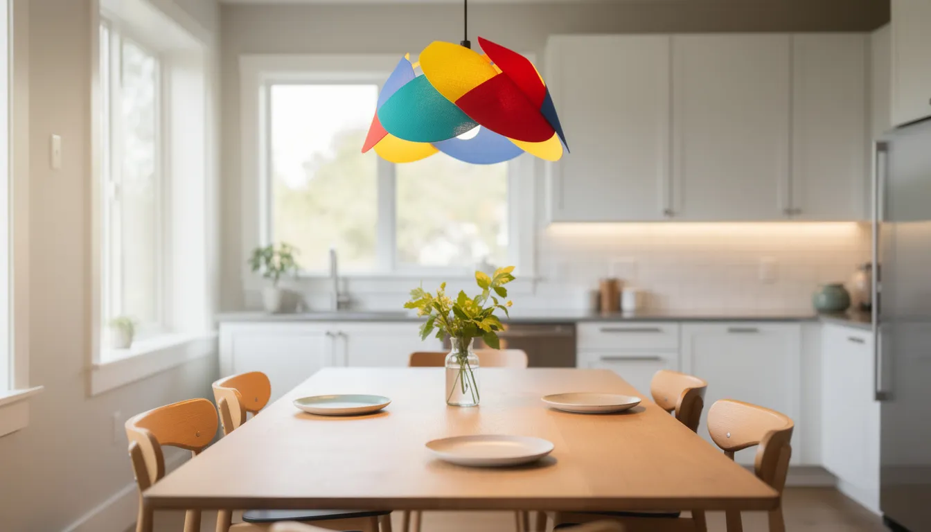 En färgglad pendellampa hänger över ett trämatbord i ett ljust kök, vilket skapar en varm och inbjudande atmosfär. Lampan är en modern designklassiker som kompletterar den skandinaviska designen i rummet.