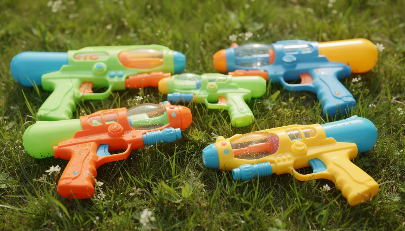Na tle wiosennej trawy znajdują się kolorowe pistolety na wodę w różnych kształtach, które mogą być idealnym prezentem dla dzieci na wiosenne zabawy. Te gadżety wywołują uśmiech i zachęcają do aktywności na świeżym powietrzu.