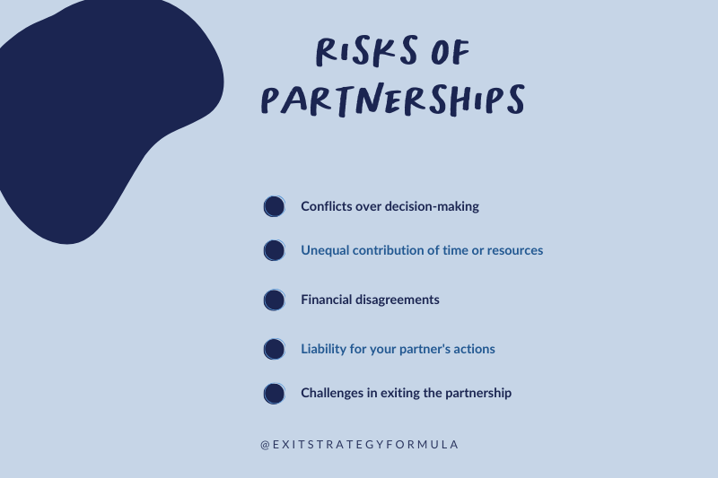 Infographic listing five risks of business partnerships including conflicts, unequal contributions, financial disagreements, liability, and exit challenges