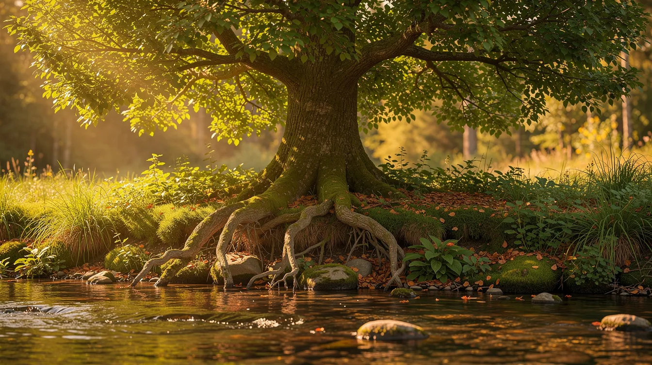 A large, healthy tree with expansive roots stands beside a gently flowing stream, illuminated by golden sunlight, symbolizing the richness of life and nature. This scene reflects the interconnectedness of creation, echoing themes found in Hebrew thought and the biblical texts that emphasize God's creation and the beauty of the natural world.