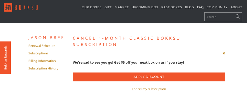 An image of Bokksu's personalized offer to customers who cancel their subscription boxes due to subscription pricing.