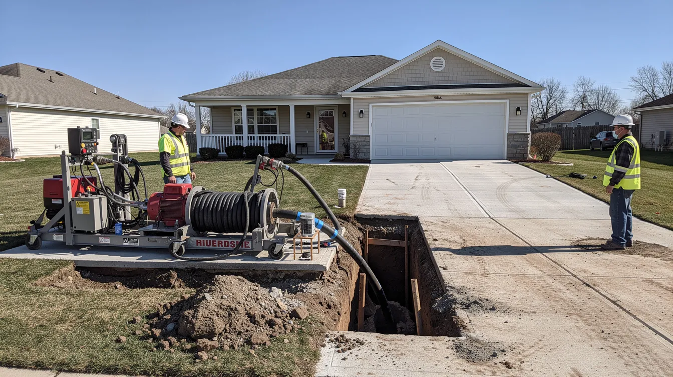 The image depicts trenchless pipe bursting equipment set up at a residential job site, with a house and driveway visible in the background. This equipment is typically used for sewer line replacement, addressing issues such as collapsed sewer lines and sewer line leaks to prevent costly repairs and health hazards.