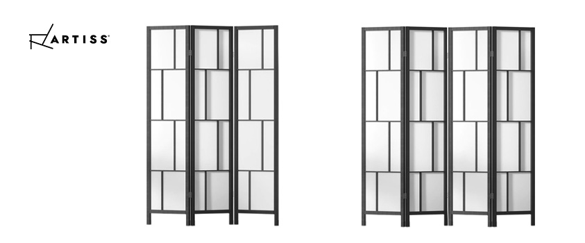 Two Artiss black frame room dividers, one 3-panel and one 4-panel.