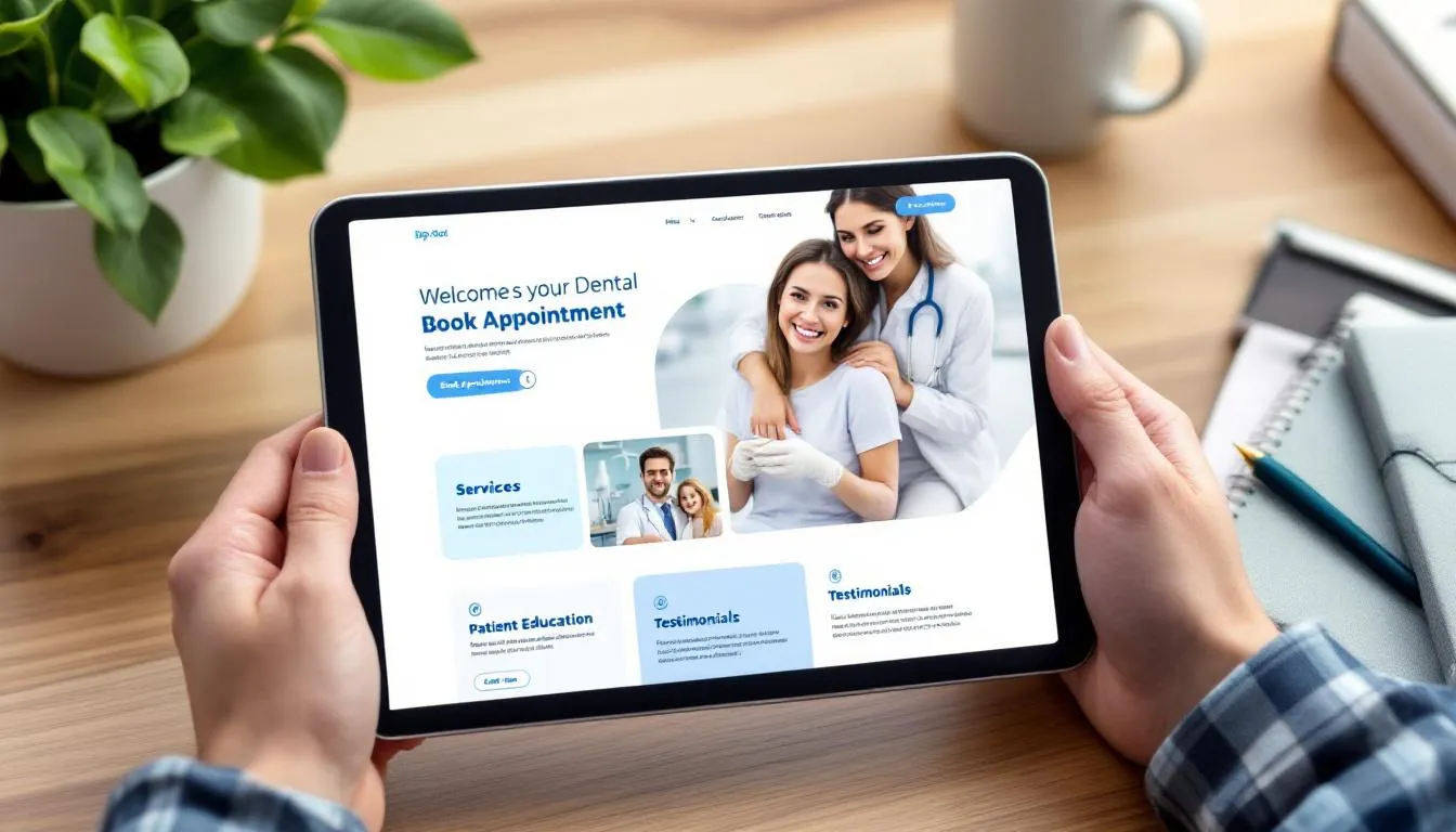A tablet displays a modern dental website interface featuring a user-friendly design that highlights various dental services, including cosmetic procedures and emergency dental services. The layout is optimized for search engines, enhancing the dental practice's online visibility and attracting local patients through effective local SEO strategies.