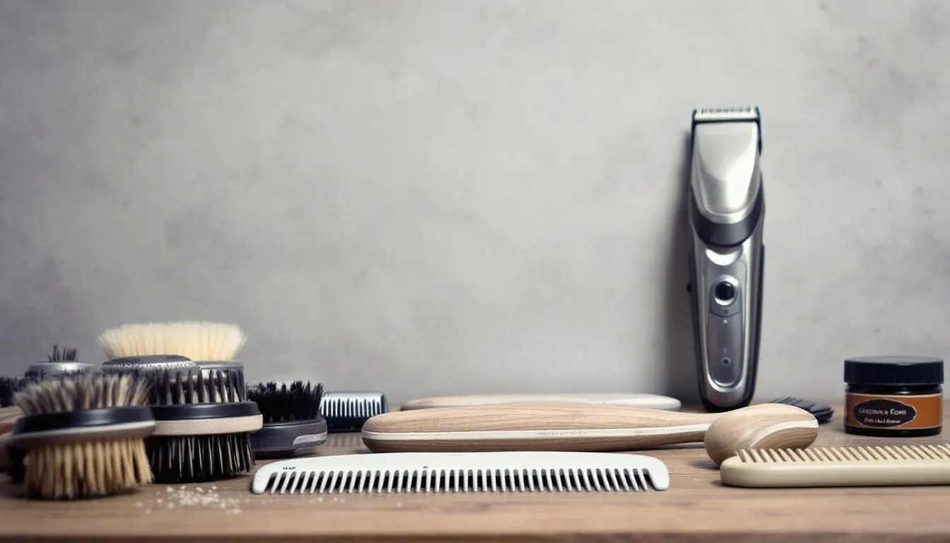 The image displays a variety of professional grooming tools, including brushes and clippers, neatly arranged on a surface, ideal for maintaining the coats of low shedding dog breeds like the bichon frise and miniature poodle. These tools are essential for regular grooming to manage pet hair and ensure a hypoallergenic environment for allergy sufferers.