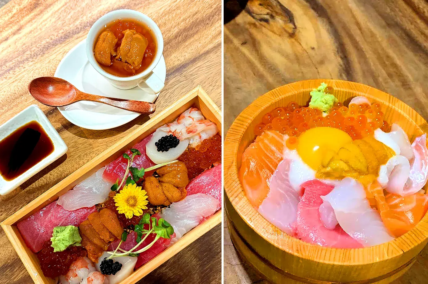 Japanese sashimi and seafood rice bowls with tuna, salmon, prawns, ikura, and uni at Koji Sushi Bar