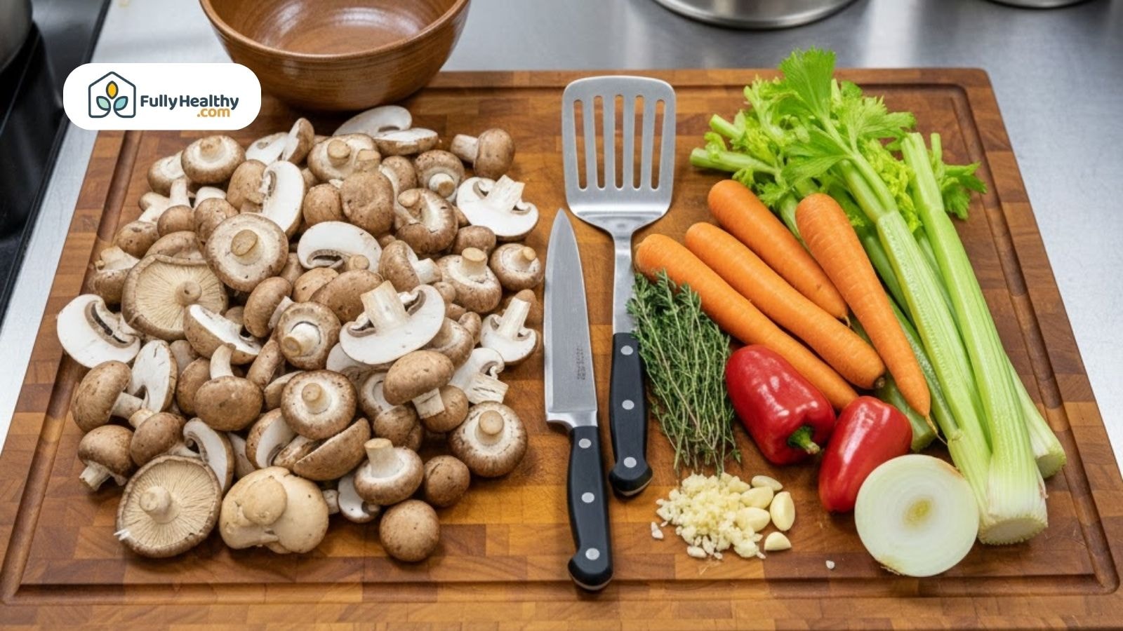 Chopped mushrooms with carrots, celery, onions and herbs on a cutting board.