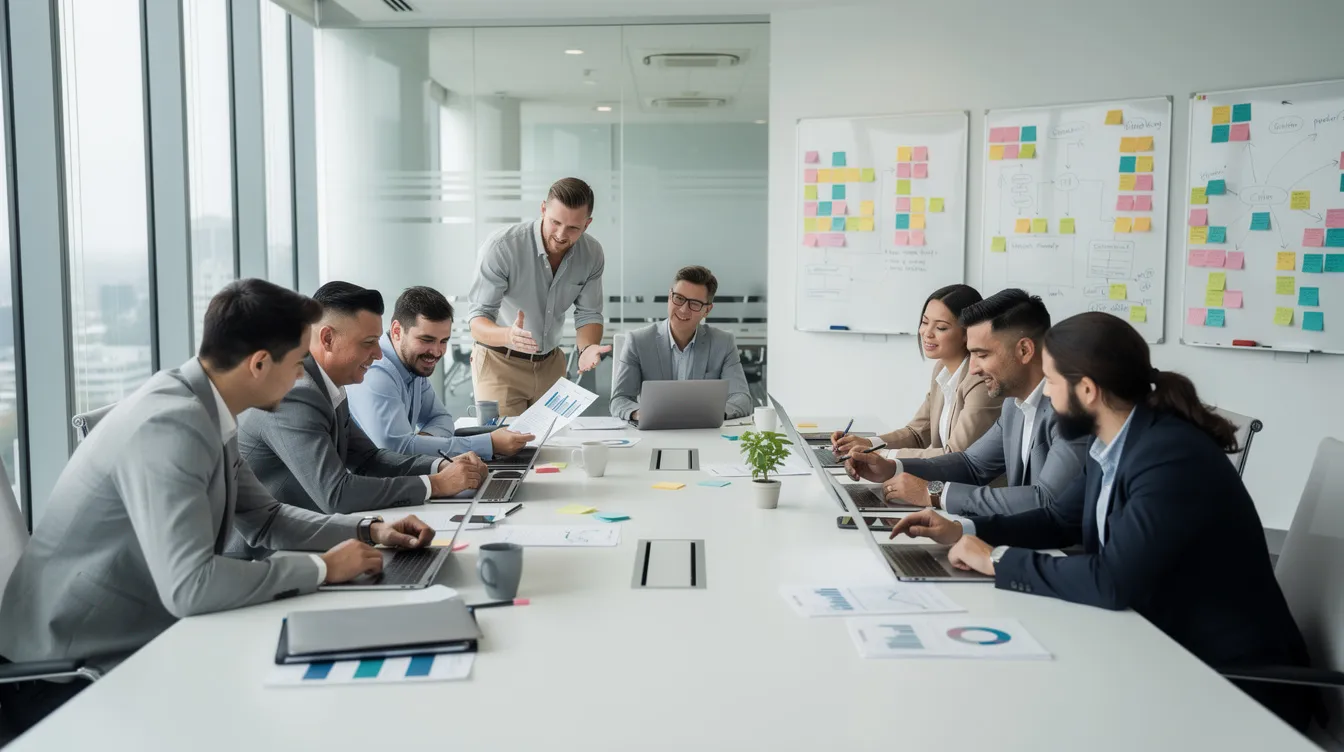 Un groupe de professionnels collabore autour d'une table dans une salle de réunion lumineuse, équipée de tableaux blancs et baignée de lumière naturelle. Cette scène illustre le travail d'équipe et le coaching professionnel en management, où les participants échangent des idées pour développer leurs compétences et atteindre leurs objectifs.