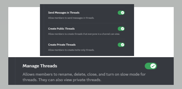 Picture showing the different thread permissions on Discord