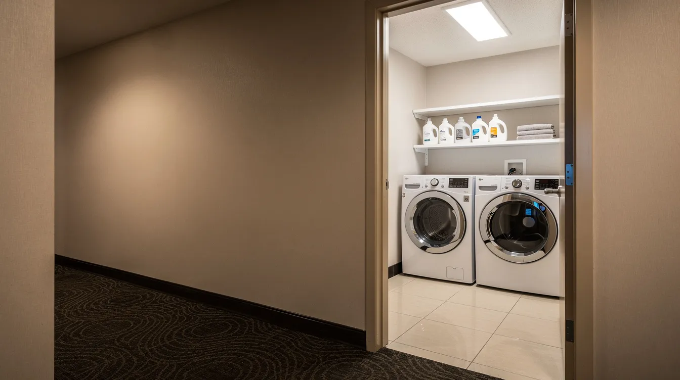 The image shows a hotel hallway with an open door leading to a small laundry room, featuring two white front-loading washing machines and dryers. This convenient space allows guests to wash and dry their clothes, ensuring fresh hotel linens and the ability to tackle stubborn stains with quality laundry machines.