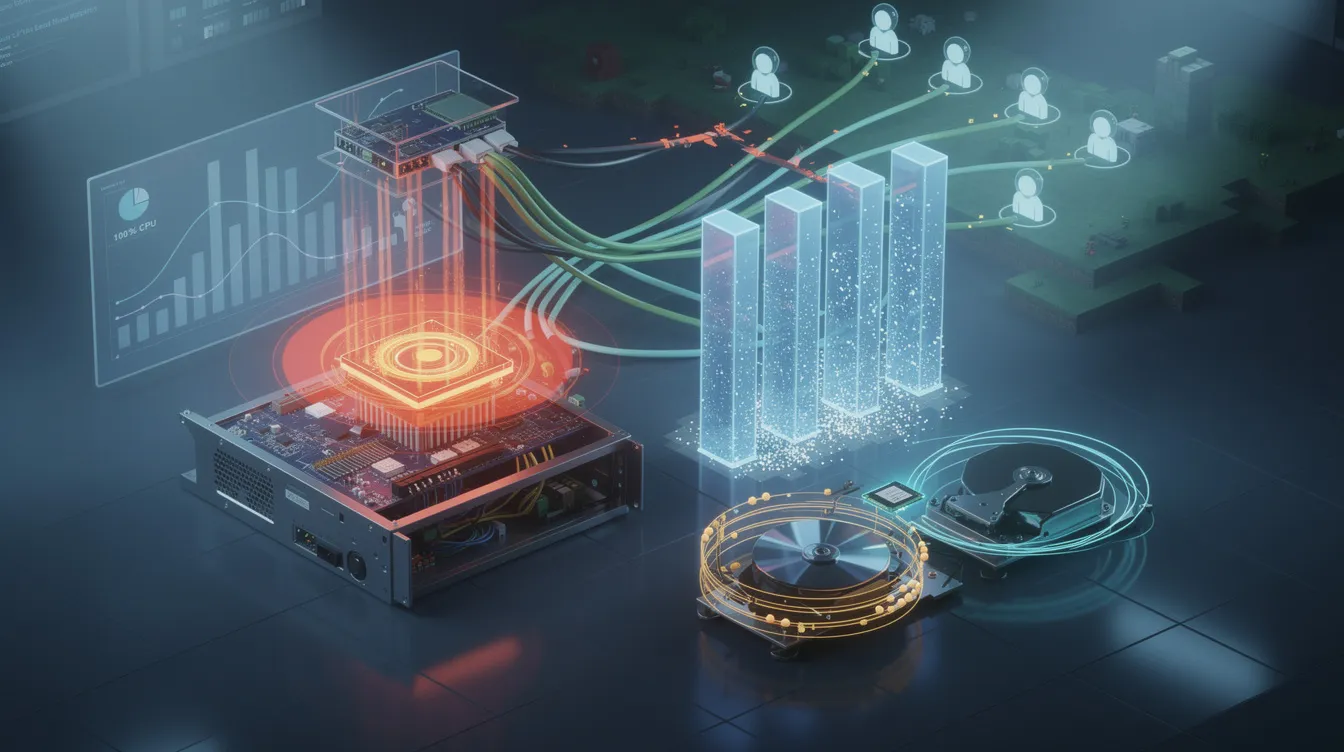The image illustrates various tools and techniques for identifying server bottlenecks, including CPU, memory, disk, and network performance metrics. It visually represents concepts like monitoring server performance and optimizing game server resources to enhance gameplay experience.