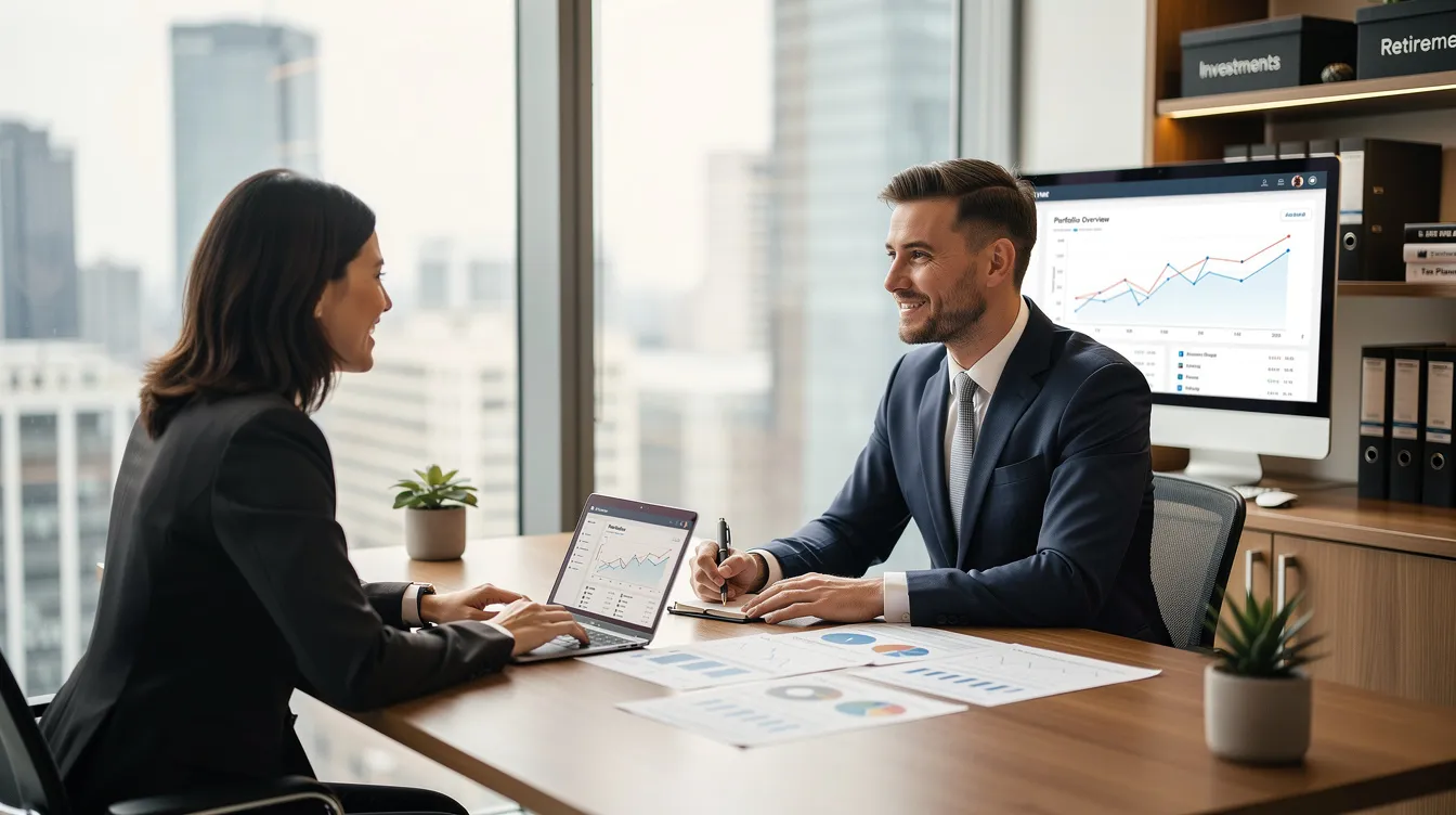 A financial advisor is meeting with a client in a professional office setting, discussing various retirement plans and benefits offered by Prudential Financial. The atmosphere is focused and informative, emphasizing the importance of managing expenses and contributions to ensure a secure financial future.
