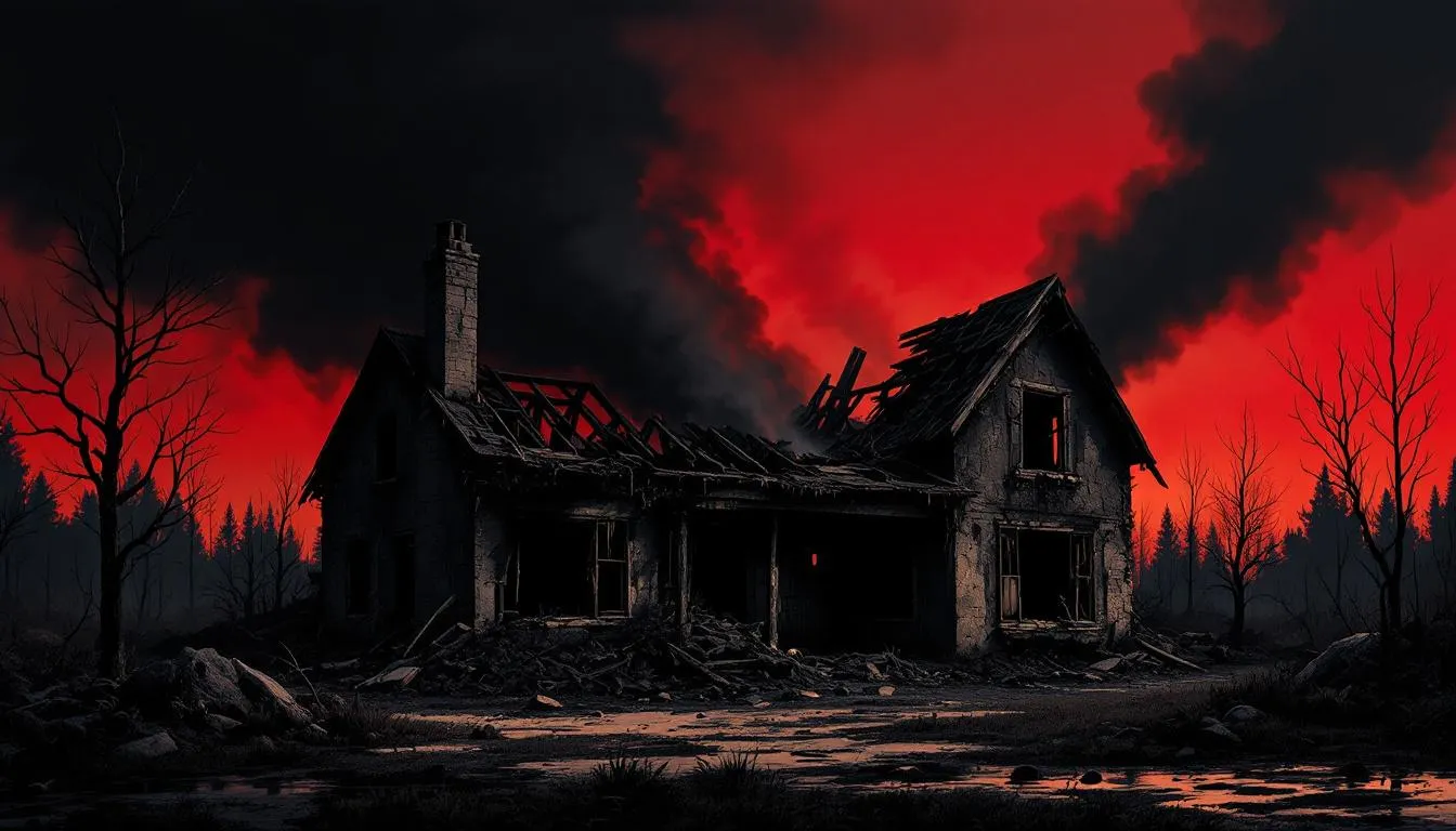 An illustration depicting the long-term effects of fire damage on property value and health risks, including mold growth.