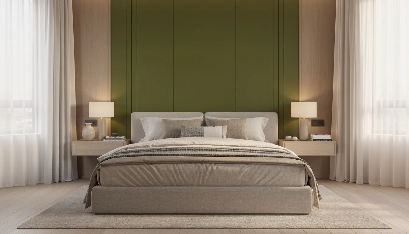 Een luxe slaapkamer met een olijfgroen wandpaneel dat de gehele muur achter een groot tweepersoonsbed siert, voorzien van neutraal beddengoed. De verfijnde uitstraling en het gebruik van akoestische panelen zorgen voor een betere akoestiek in de ruimte.