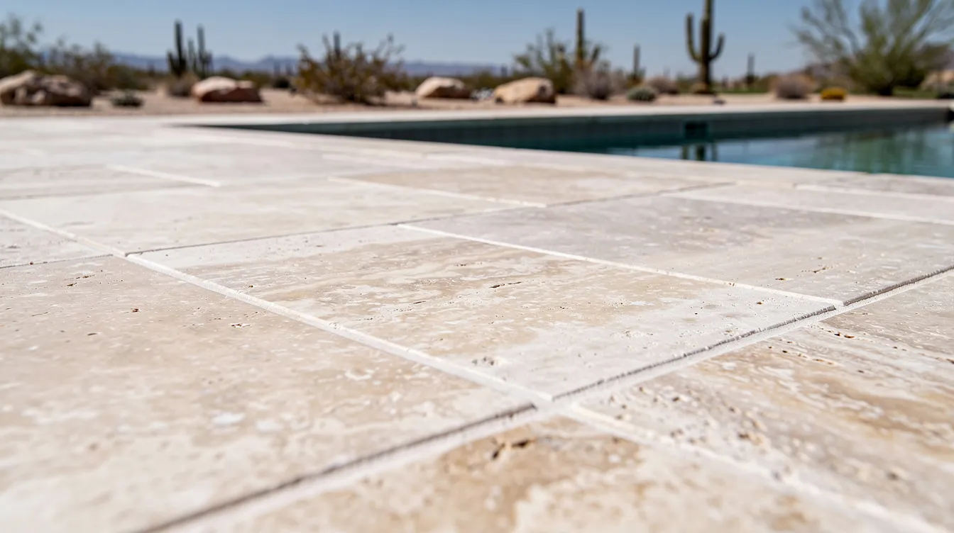 A close-up view of light-colored travertine pavers creates a stunning pool deck, showcasing clean grout lines amidst a beautiful desert landscape in the background. This hardscaping design enhances the backyard space, reflecting quality materials suited for the Arizona climate.