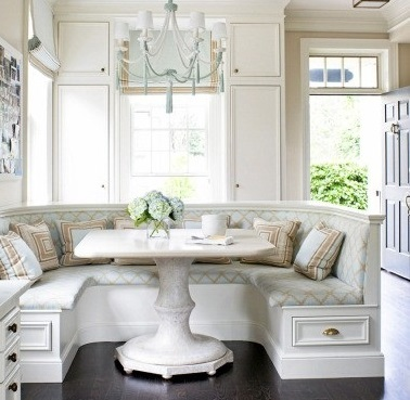 built-in banquette with chandelier