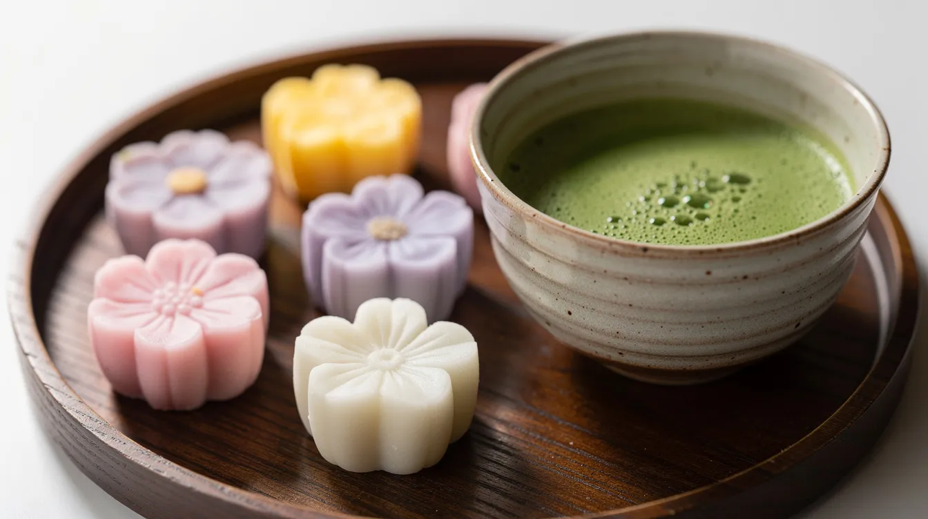 Japońskie wagashi podane obok matchy