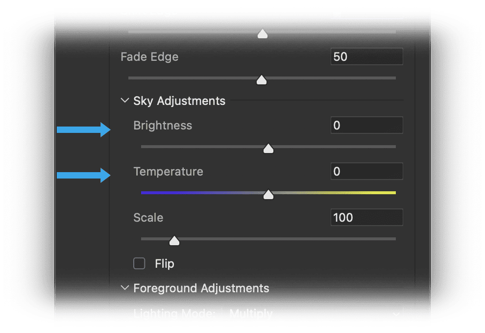 Adjustments in brightness and temperature for sky replacement in Photoshop
