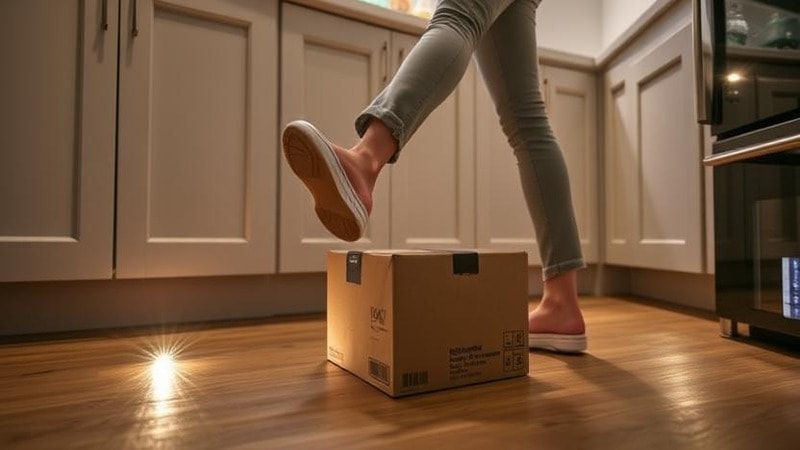 LED toe kick lights saving a person from tripping over a box in the kitchen