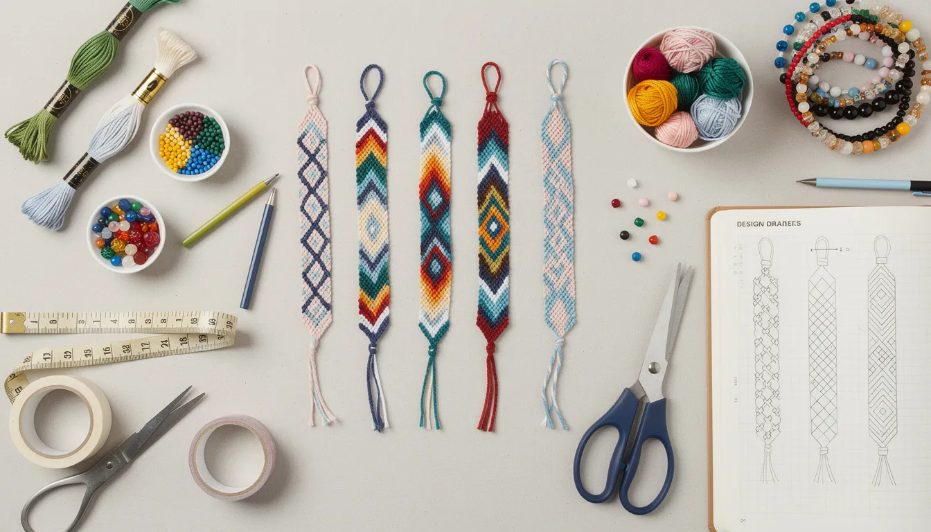 The image shows a flat surface covered with colorful beads, including seed beads and letter beads, arranged in an organized manner for making beaded friendship bracelets. Various materials and tools, such as string and a needle, are displayed, highlighting the careful planning and design principles needed to create beautiful and meaningful patterns for wrist accessories.