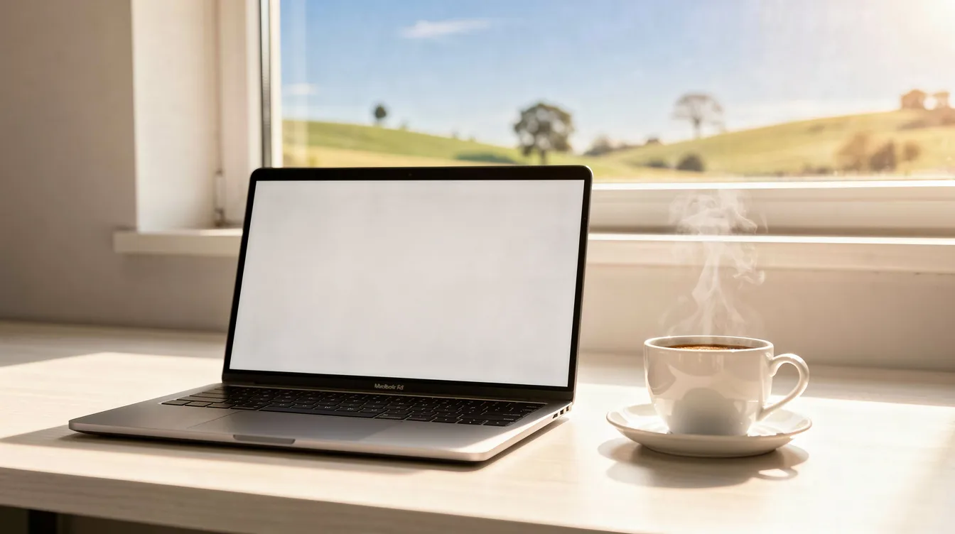 Ein aufgeklappter Laptop steht auf einem hellen Schreibtisch, neben einer dampfenden Tasse Kaffee. Im Hintergrund ist ein Fenster, das einen Blick auf eine sonnige Landschaft bietet, ideal für Reiseinspirationen und um die besten Hotels zu entdecken.