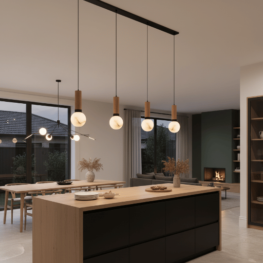 Row of globe pendant lights with wood accents hanging above a kitchen island.