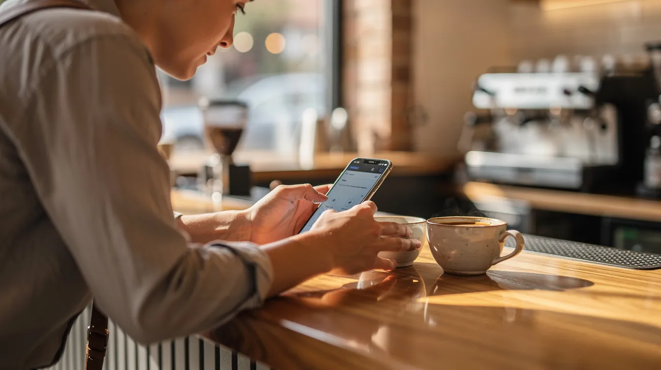 A person is sitting at a coffee shop counter, focused on their smartphone while using the Chandler Flex Rewards app to earn points through local purchases. The atmosphere is relaxed, highlighting a casual yet productive moment.